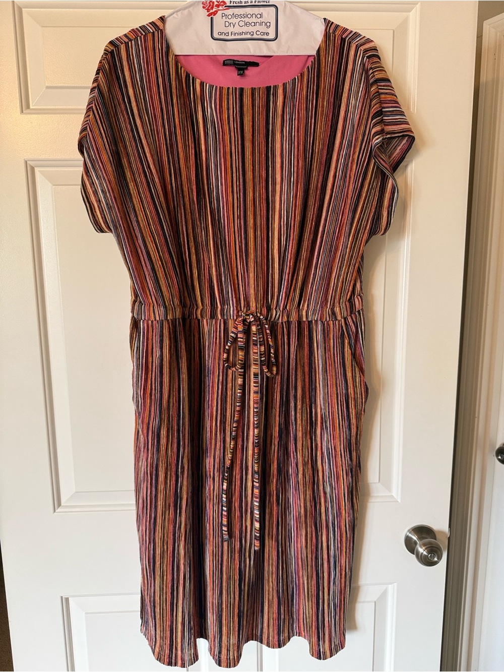 Maggy London Pink, Orange & Black Striped Drawstring Midi Dress
